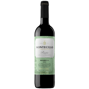 Eine elegante Flasche Montecillo Rioja Reserva 2019 mit grünem Etikett und einem geschmackvollen, edlen Design.
