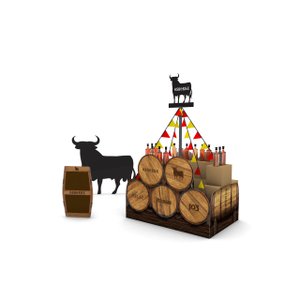 Ein Verkaufsstand mit einer auffälligen Stierfigur, bunten Fahnen und Holzfässern, die ein traditionelles Produkt präsentieren.