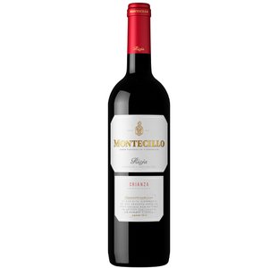Die Flasche Montecillo Rioja Crianza steht aufrecht, ihre tiefrote Farbe und das glänzende Etikett ziehen sofort die Aufmerksamkeit auf sich.