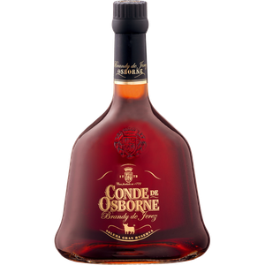 Die Flasche zeigt das markante Design von Conde de Osborne, mit goldenen Schriftzügen und einem edlen, runden Körper.