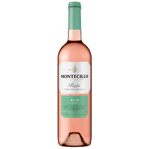 Die Flasche Roséwein von Montecillo, 2023 Jahrgang, strahlt in einem sanften Rosa und ergänzt jede festliche Tischdekoration.