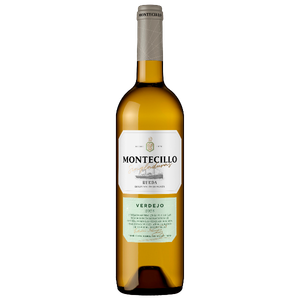 Eine elegante Flasche Montecillo Verdejo mit einem hellen, goldenen Wein und einem stilvollen Etikett zeigt klassischen Weingenuss.