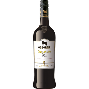 Osborne Coquinero Fino, ein Jerez-Sherry, der in einer ansprechenden Flasche mit einem ikonischen Stier-Logo präsentiert wird.