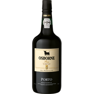 Eine elegante Flasche Osborne Tawny Portwein mit einem klassischen Etikett und einem stilvollen schwarzen Deckel.