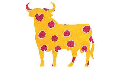 Eine gelbe Kuhsilhouette mit roten Punkten und einem Herz auf der Seite, die eine verspielte und kreative Darstellung zeigt.