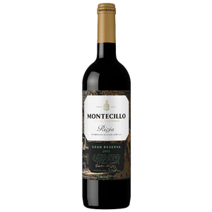 Eine elegante Flasche Montecillo Gran Reserva 2015 in tiefem Rot, die auf einem glatten, schwarzen Hintergrund steht.