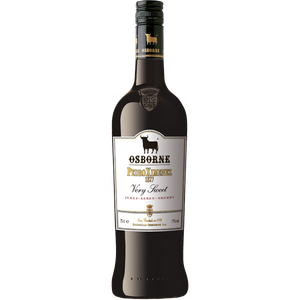 Die elegante Flasche Pedro Ximénez von Osborne zeigt ein klassisches Design mit einem schwarzen Stier-Logo und goldenen Akzenten.