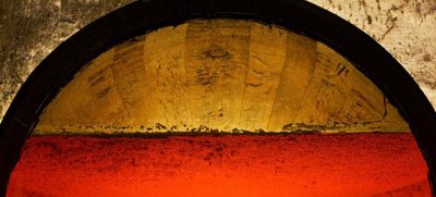 Die Kombination aus roter Flüssigkeit und goldenem Holzrand erzeugt einen faszinierenden Kontrast, der die Sinne anspricht.