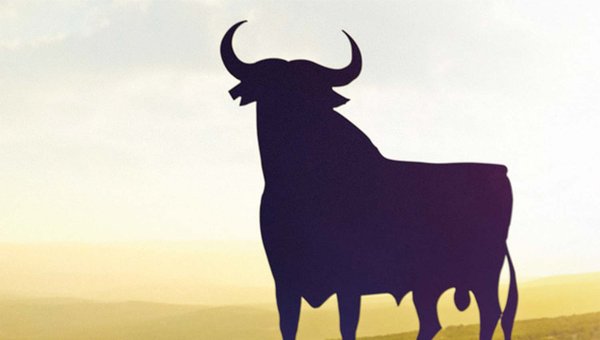 Ein großer, schwarzer Stier steht majestätisch vor einem sanften, hellen Hintergrund, der die Weite der Landschaft betont.