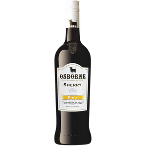 Die Flasche Osborne Sherry Fino zeigt ein klassisches Design, das die reiche Geschichte des Weinguts widerspiegelt.
