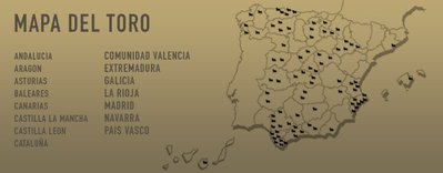 Eine stilisierte Karte Spaniens zeigt verschiedene Regionen, die für Stierkämpfe bekannt sind, mit markierten Orten.