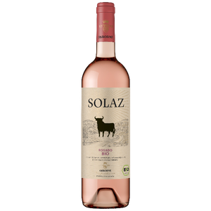 Eine elegante Flasche Roséwein mit dem Aufdruck 'SOLAZ BIO' und einem stilisierten Bild eines Stiers auf dem Etikett.