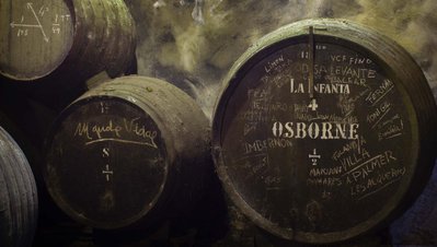 Dunkle Weinfässer stehen in einem alten Keller, mit handschriftlichen Notizen und Markierungen auf der Oberfläche.