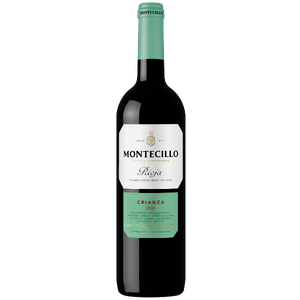 Eine elegante Flasche Montecillo Rioja Crianza 2020 mit einer markanten Etikettengestaltung und einem grünen Kapselverschluss.