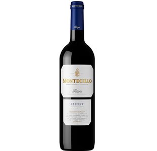 Die Flasche zeigt den Namen Montecillo in goldener Schrift, umgeben von einem stilvollen weißen Etikett.