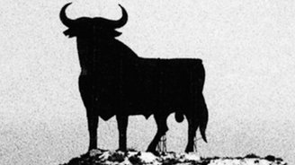 Ein großer, schwarzer Stier steht majestätisch auf einem Hügel, umgeben von einer kargen Landschaft und einem grauen Himmel.