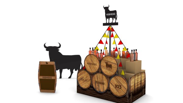 Ein Verkaufsstand mit einer auffälligen Stierfigur, bunten Fahnen und Holzfässern, die ein traditionelles Produkt präsentieren.